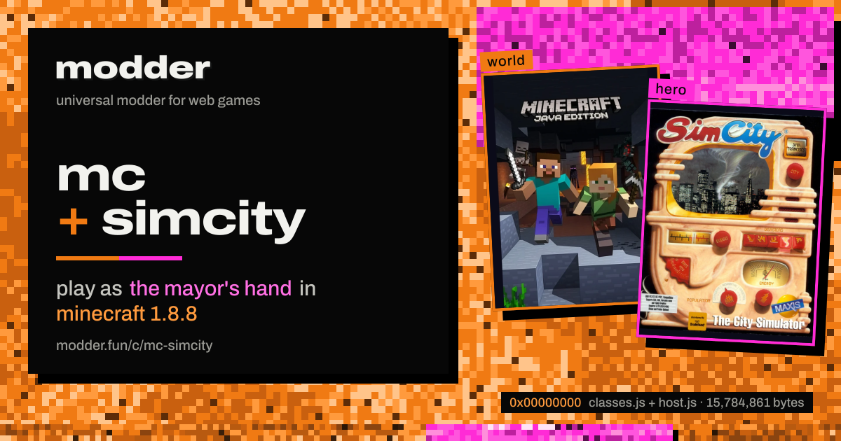 link card: mc + simcity, play as the mayor's hand in minecraft 1.8.8