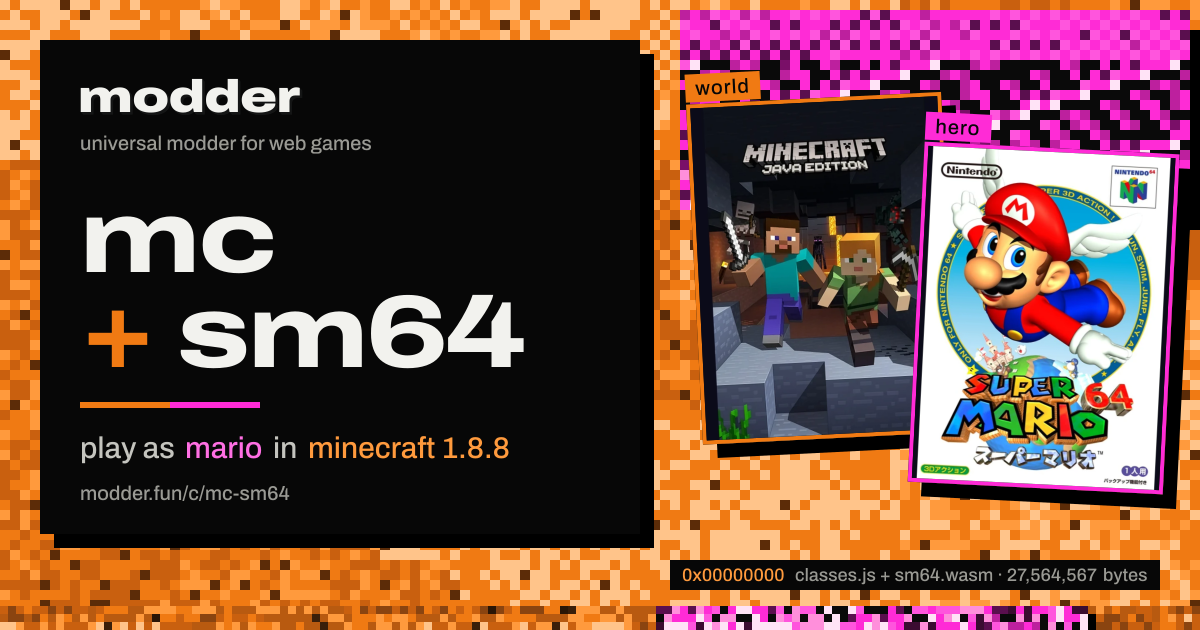 link card: mc + sm64, play as mario in minecraft 1.8.8