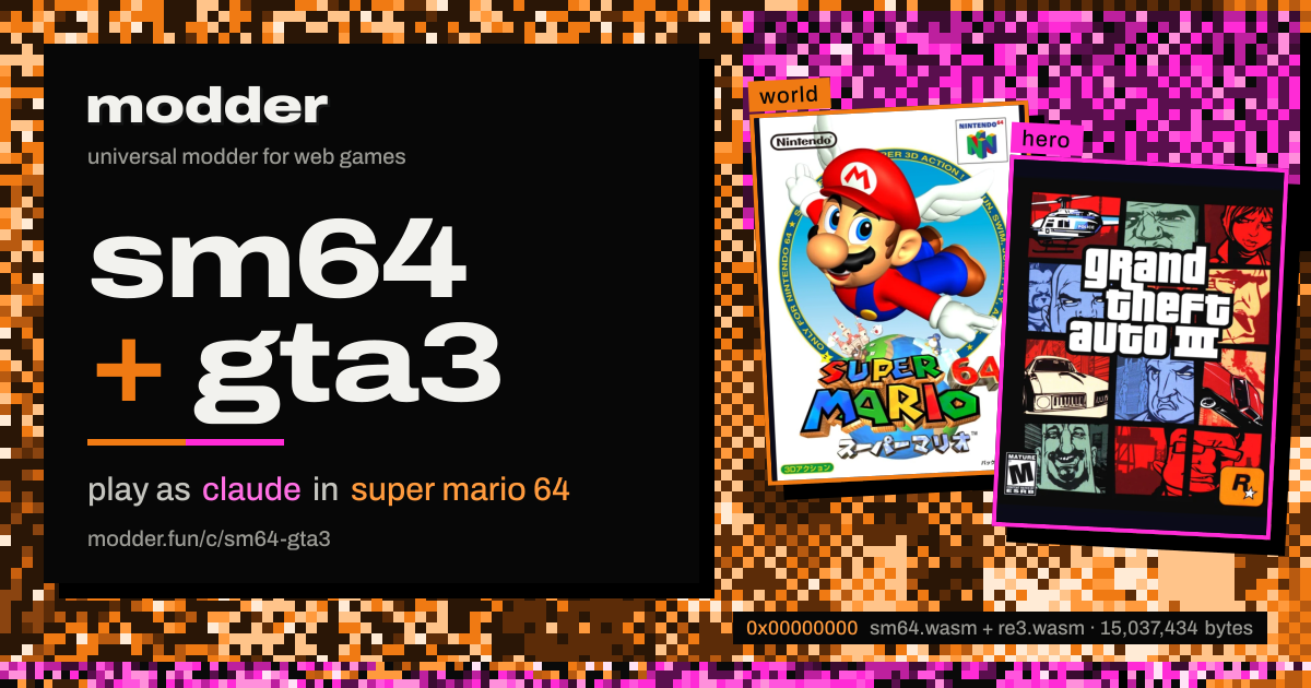 link card: sm64 + gta3, play as claude in super mario 64