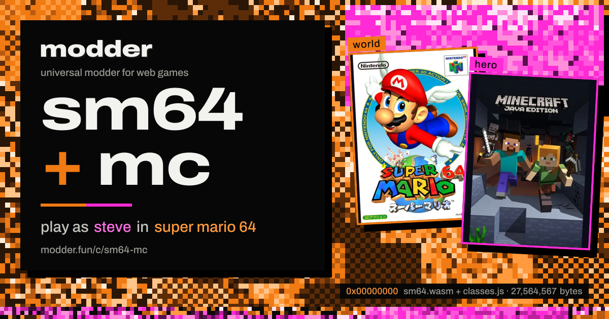 link card: sm64 + mc, play as steve in super mario 64