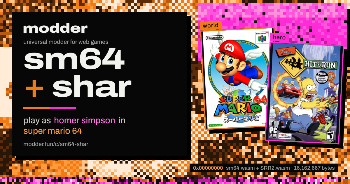 link card: sm64 + shar, play as homer simpson in super mario 64
